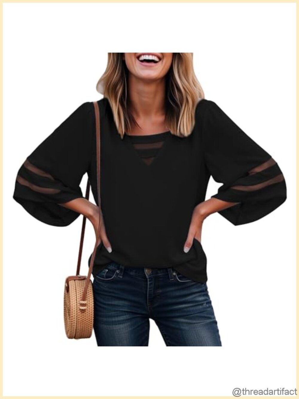 Women's Strappy V Neck Blouse with 3/4 Bell Sleeves & Mesh Panel
